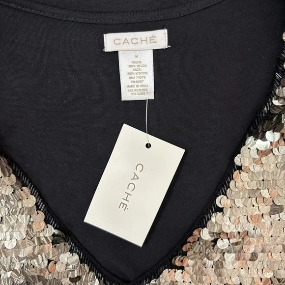 Cache Top Women’s Size Medium Sequin Embellished V Neck Sleeveless Black Party - Picture 4 of 6